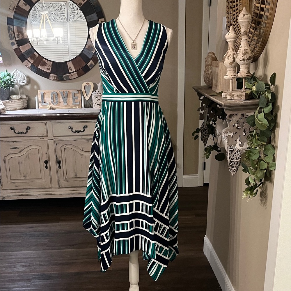 Karl Lagerfeld Asymmetrical Striped Dress in Green and Black